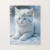 Cute White Cat Playing in the Snow   Jigsaw Puzzle