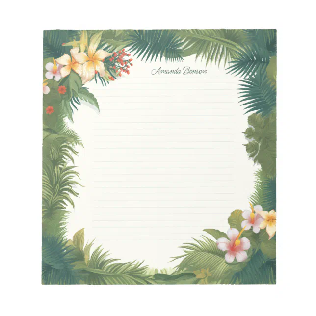 Green Tropical Flowers & Leaves Illustration Notepad