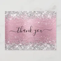 Silver Glitter Pale Pink Birthday Thank You Postcard