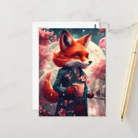 Red Fox Walking With a Coffee Cherry Blossoms Postcard