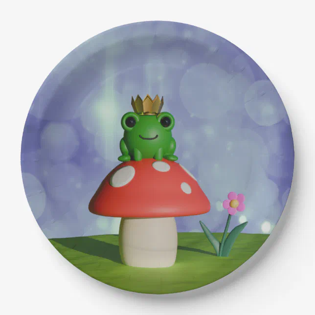 Cute Cartoon Frog Wearing a Crown on a Mushroom Paper Plates