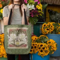 White Lily: Vintage-Style Design Green Background Tote Bag