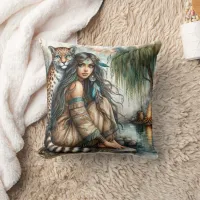 Native American Woman With Tiger by Calm Water Throw Pillow