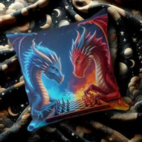 Fantasy Fire and Ice Dragons Playing Chess Throw Pillow