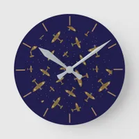 Navy Blue Vintage Aeroplanes Aviation Pilot Round Clock