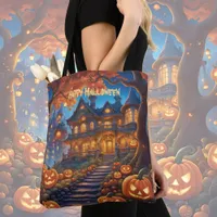 Spooky villa in the forest, pumpkins, Halloween Tote Bag