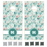 Pretty Blue and Pink Pastel Folk Art Flowers Cornhole Set