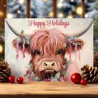 Watercolor Highland Cow Happy Holidays Holiday Card