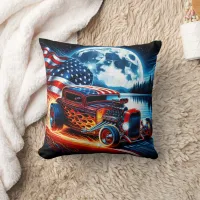 Hot rod racing under a full moon  American flag Throw Pillow