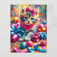 Cute Kitten Playing in Birthday Bows and Ribbons Postcard