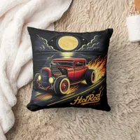 A classic hot rod races under a glowing full moon throw pillow