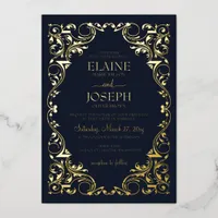 Rustic Elegant Ornate Frame Navy Wedding  Foil Invitation