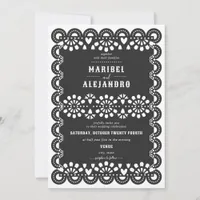 Scalloped Mexico Papel Picado Floral Black Wedding Invitation