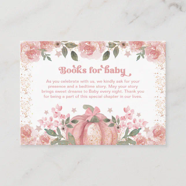 Pink Floral Pumpkin Books For Girl Baby Shower Enclosure Card