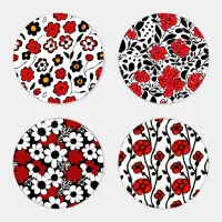 Cute Red, Black and White Flower Pattern Coaster Set