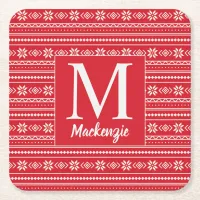 Festive Red Snowflake Pattern Monogram Square Paper Coaster