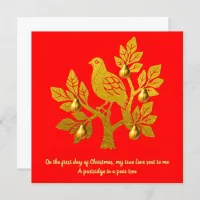 Partridge In A Pear Tree Pretty Red Gold Christmas Holiday Card