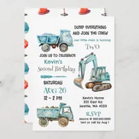 Blue Construction Trucks Boy Birthday Party Invitation