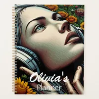 Beautiful Woman with Headphones in Sunflowers Planner