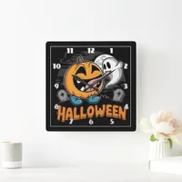 Happy ghost and pumpkin celebrating Halloween fun Square Wall Clock