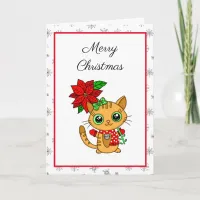 Merry Christmas | Orange Cat with Poinsettia   Card