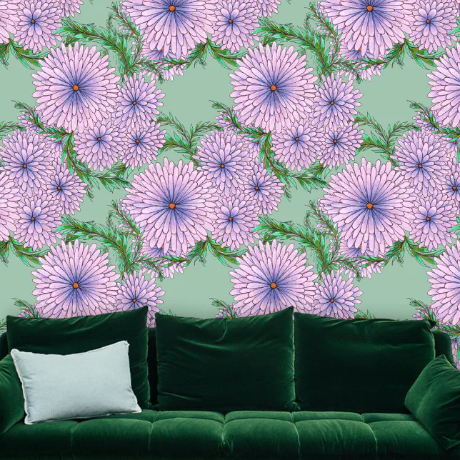 Bohemian Chic Soft Lavender Lilac Blossoms on Mint Wallpaper