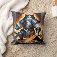 Armored Cat Preparing for Battle in Fiery Setting Throw Pillow