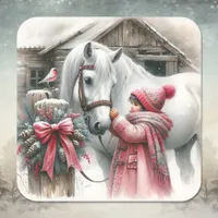 Little Girl and her Horse Festive Christmas Square Sticker