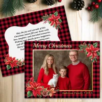 Christmas Poinsettia Buffalo Plaid Family Photo  Foil Holiday Postcard