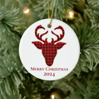 Merry Christmas 2024 Red & Black Plaid Reindeer Ceramic Ornament