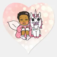 Coral African-American Fairy and Unicorn Heart Sticker