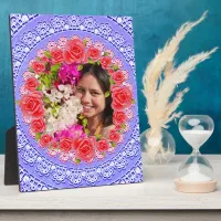 Custom Photo Blue Lace Pink Roses Frame Plaque