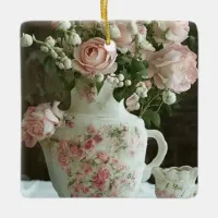 Pretty Pink Roses in Vintage Antique China Teapot Ceramic Ornament