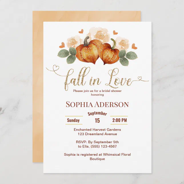 Floral Fall In Love Pumpkin Heart Bridal Shower Invitation