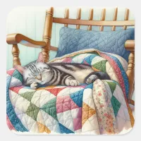 Sweet Gray Cat Sleeping on a Quilt Square Sticker