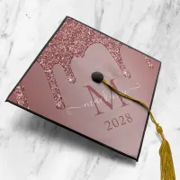 Girly Rose Gold Sparkle Glitter Drips Monogram Graduation Cap Topper