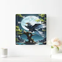 Eagle Perched on Tree Branch Under Moonlight Square Wall Clock