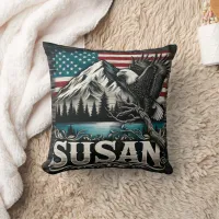 Majestic Eagle Over Mountains and American Flag Throw Pillow