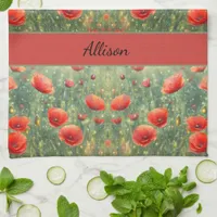 Glowing field of red poppies, personalizable  kitchen towel