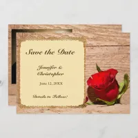 Wooden Wall & Red Rose Save the Date Card