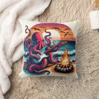 Octopus Playing Guitar by Beach Campfire at Sunset Throw Pillow