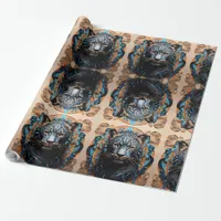 Vibrant Panther portrait with Floral Motifs Wrapping Paper