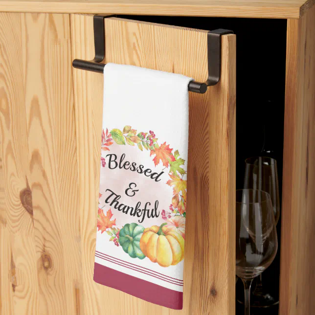 Blessed & Thankful Watercolor Fall Leaves Pumpkins Kitchen Towel