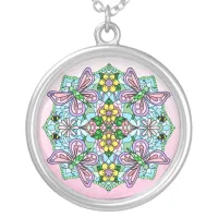 Pink Butterfly and Flowers Mandala Silver Plated Necklace