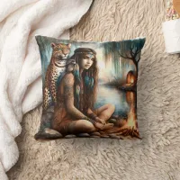 Native American Woman Seated by River With Tiger Throw Pillow