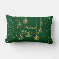 Gold Script Confetti Green Family Christmas Balls Lumbar Pillow