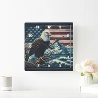 Eagle Perched on a Branch Near Mountains and Waves Square Wall Clock