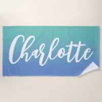 Light Teal Cornflower Blue Ombre Lettering Script Beach Towel