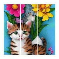 Whimsical Gray Cat and Kitten Triptych