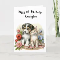 Puppy and Kitten Baby First Birthday Personalized Thank You Card